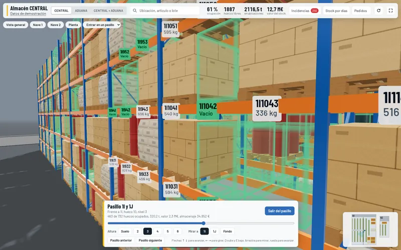 Aisle walk with bin labels and kilos on every beam